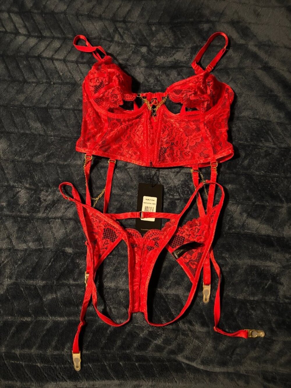NWT House of Desire CECILY LACE & CHAIN BUSTIER & BACKLESS HIPSTER SET SZ Small
